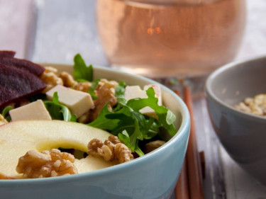 Beetroot and apple salad with lentils, brown rice and walnuts